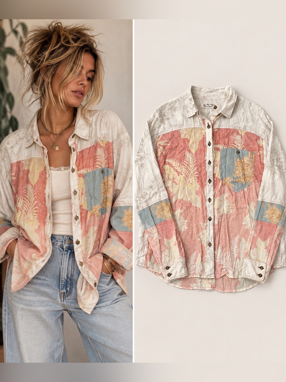 Free People We The Free Patchwork Linen Button Down Shirt Boho Floral Small
